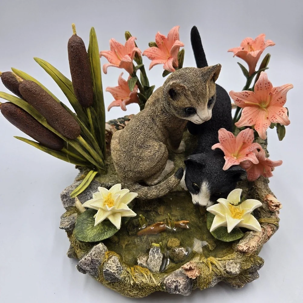 2001 Lenox Figurine Afternoon Amazement Kittens Cats Flowers Koi Pond Rare‎ Read